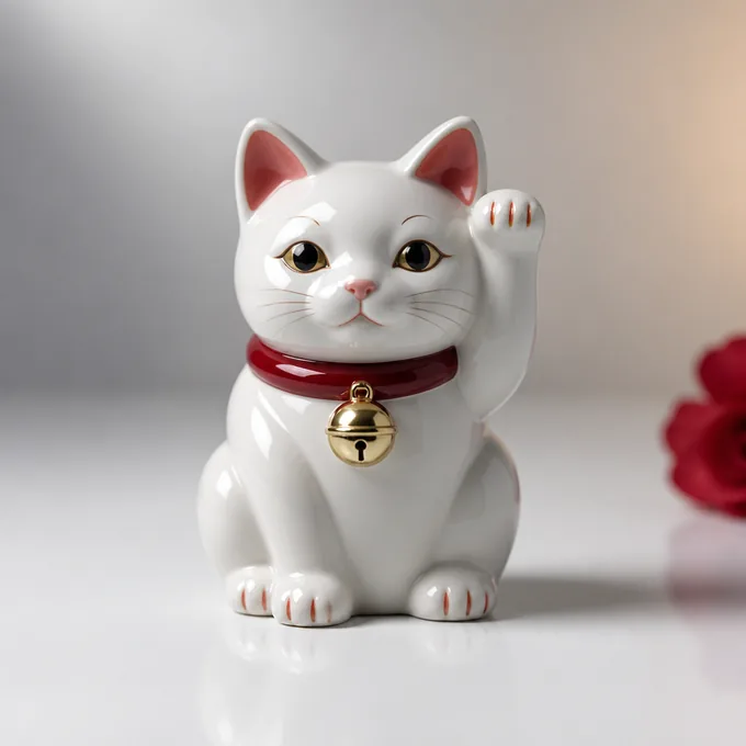 Patung kucing hoki porselen putih berlonceng kuningan dan berkalung merah
