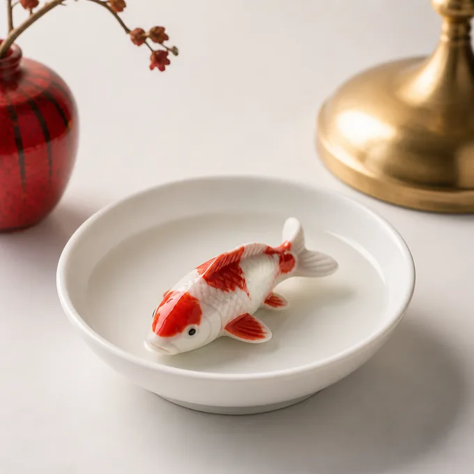 Patung ikan koi keramik merah putih di piring porselen berisi air