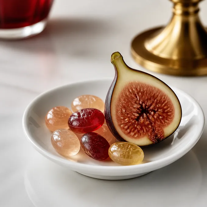 Permen keras bening dan potongan buah tin di piring keramik putih